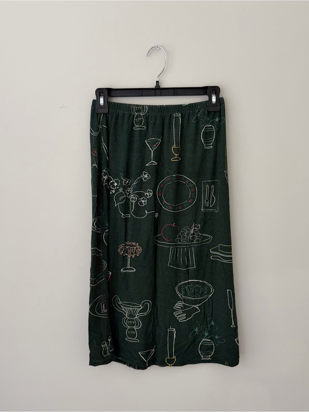 Lisa Says Gah Dark Green Midi Skirt with Doodle Tableware Print